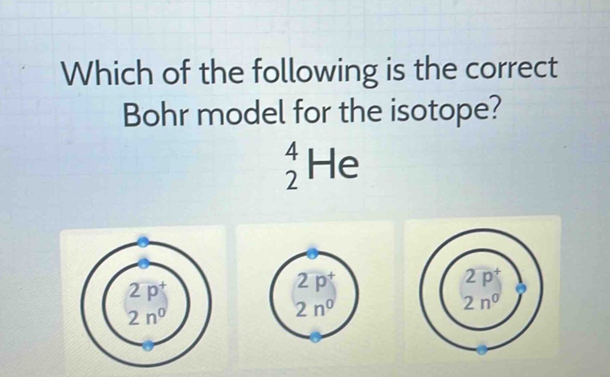 which of the following is the correct bohr model for the isotope?\n$_{2}^{4}he$