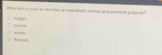 what term is used to describe an individuals money and personal property?\no budget\no income\no assets\no finances