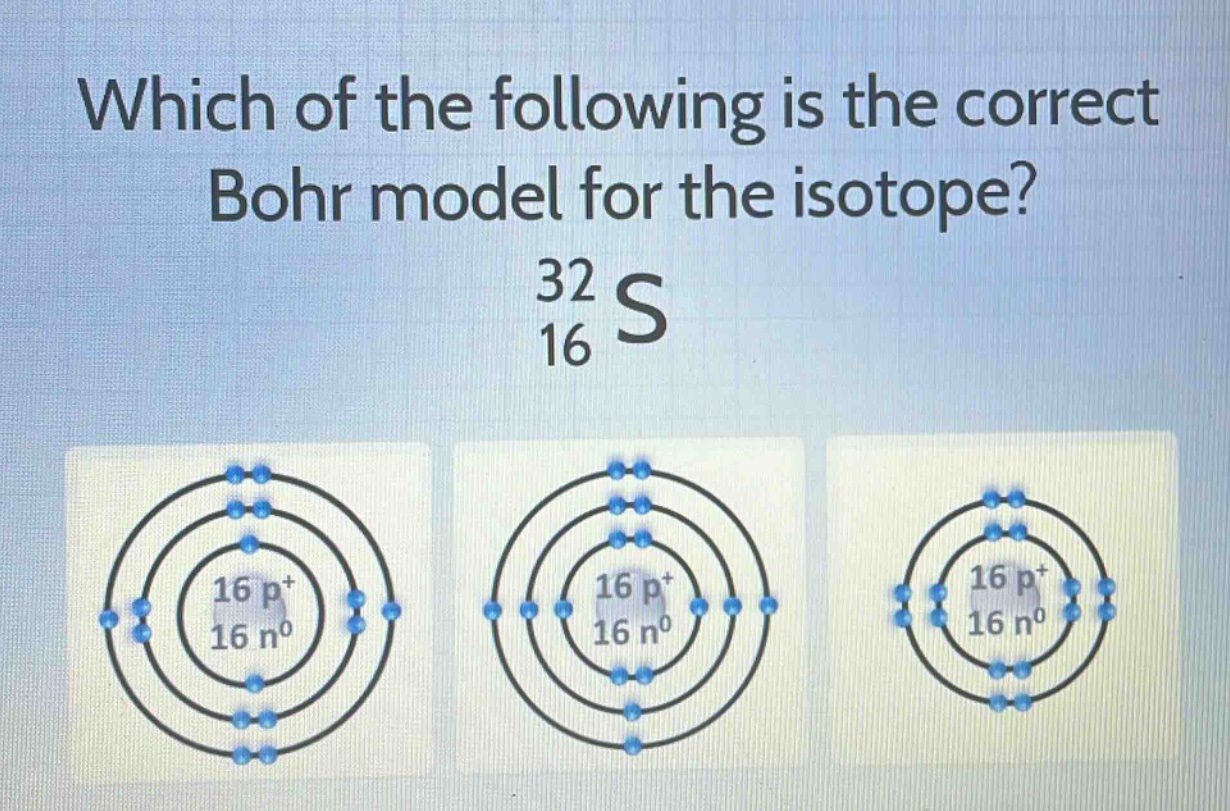 which of the following is the correct bohr model for the isotope?\n$_{16}^{32}s$