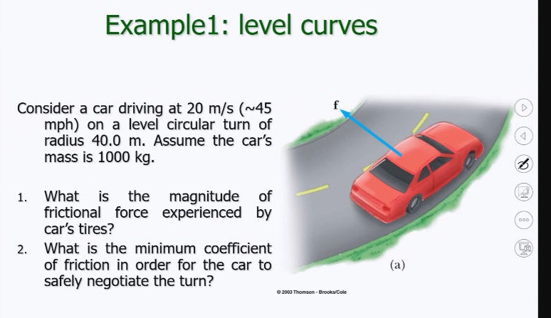 example1: level curves\nconsider a car driving at 20 m/s (~45 mph) on a level circular turn of radius 40.0 m. assume the cars mass is 1000 kg.\n1. what is the magnitude of frictional force experienced by cars tires?\n2. what is the minimum coefficient of friction in order for the car to safely negotiate the turn?