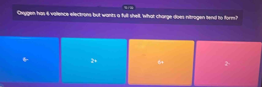 oxygen has 6 valence electrons but wants a full shell. what charge does nitrogen tend to form? 6- 2+ 6+ 2-