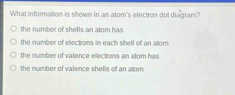 what information is shown in an atoms electron dot diagram?\no the number of shells an atom has\no the number of electrons in each shell of an atom\no the number of valence electrons an atom has\no the number of valence shells of an atom