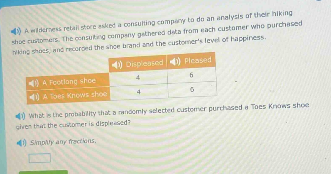a wilderness retail store asked a consulting company to do an analysis of their hiking shoe customers. the consulting company gathered data from each customer who purchased hiking shoes, and recorded the shoe brand and the customers level of happiness.\n| | displeased | pleased |\n|--|--|--|--|\n| a footlong shoe | 4 | 6 |\n| a toes knows shoe | 4 | 6 |\nwhat is the probability that a randomly selected customer purchased a toes knows shoe given that the customer is displeased?\nsimplify any fractions.