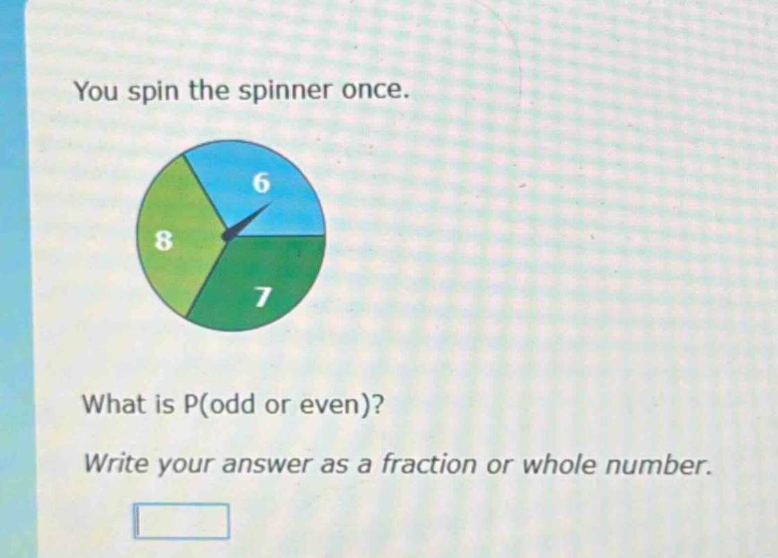 you spin the spinner once. what is p(odd or even)? write your answer as a fraction or whole number.