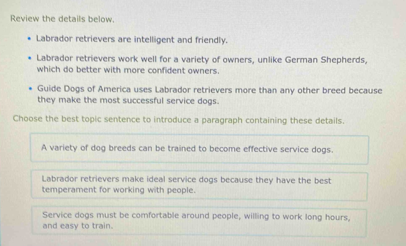 review the details below.\n- labrador retrievers are intelligent and friendly.\n- labrador retrievers work well for a variety of owners, unlike german shepherds, which do better with more confident owners.\n- guide dogs of america uses labrador retrievers more than any other breed because they make the most successful service dogs.\nchoose the best topic sentence to introduce a paragraph containing these details.\na variety of dog breeds can be trained to become effective service dogs.\nlabrador retrievers make ideal service dogs because they have the best temperament for working with people.\nservice dogs must be comfortable around people, willing to work long hours, and easy to train.