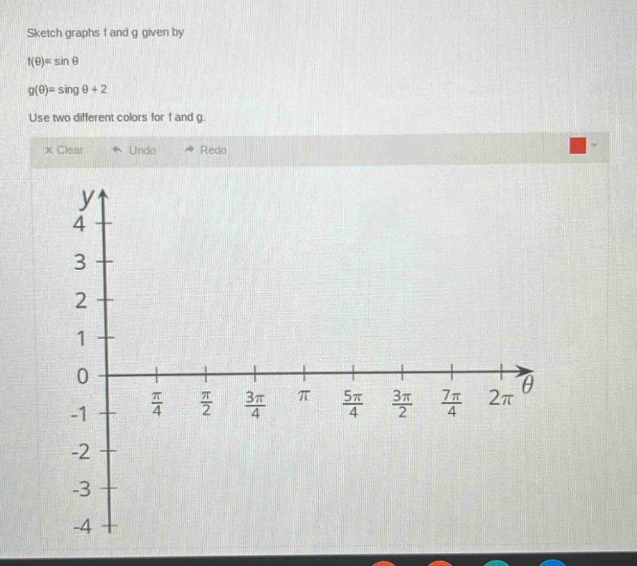 sketch graphs f and g given by\nf(θ)= sin θ\ng(θ)= sin θ + 2\nuse two different colors for f and g.
