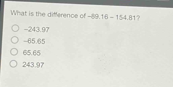 what is the difference of -89.16 - 154.81?\n-243.97\n-65.65\n65.65\n243.97