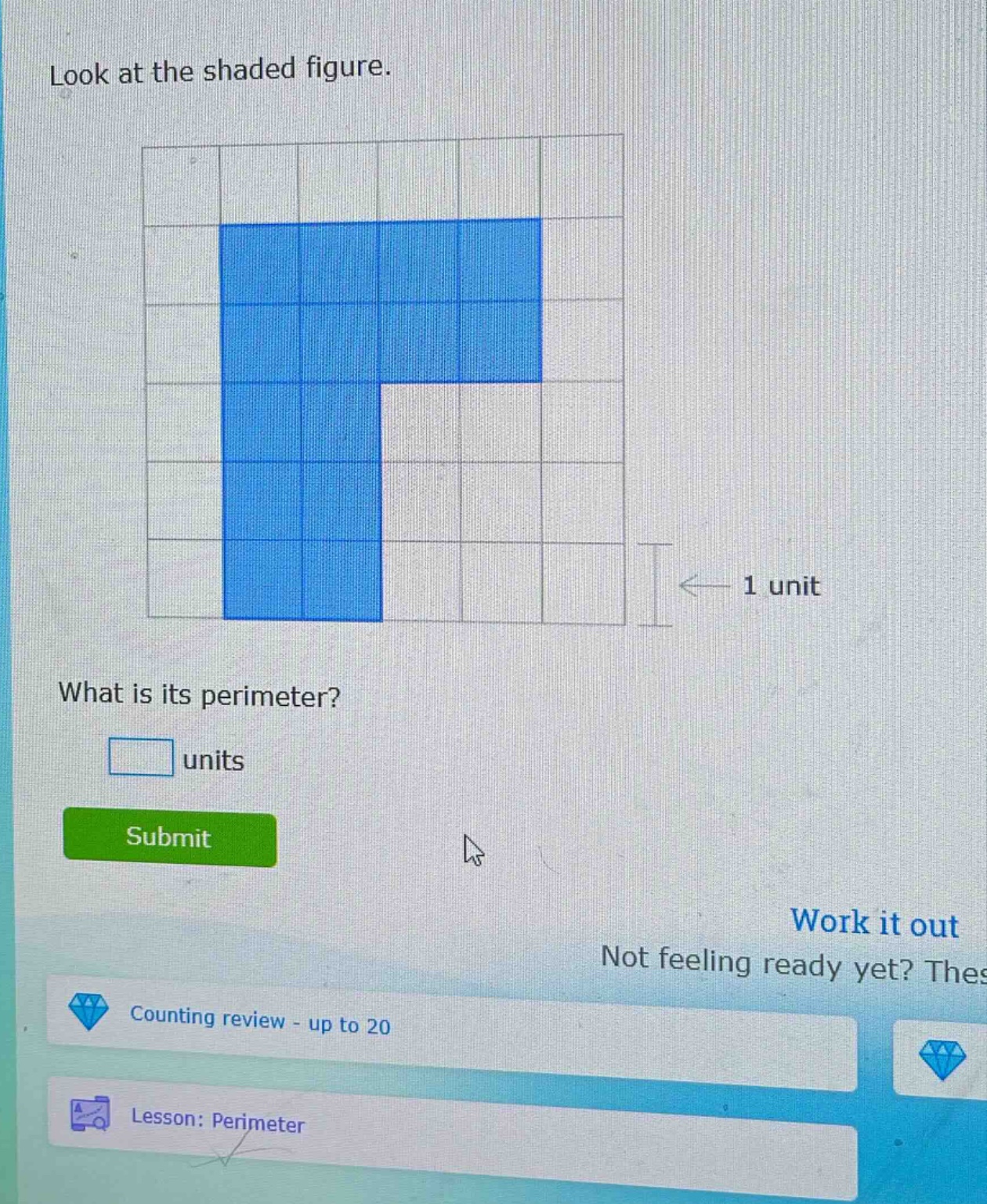 look at the shaded figure. what is its perimeter? units