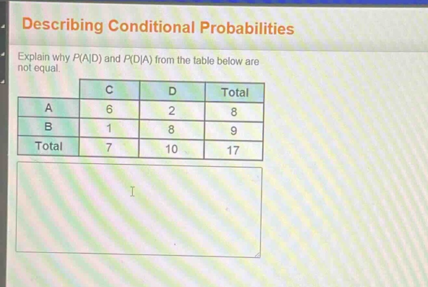 describing conditional probabilities\nexplain why p(a|d) and p(d|a) from the table below are not equal.\n| | c | d | total |\n|----|----|----|----|\n| a | 6 | 2 | 8 |\n| b | 1 | 8 | 9 |\n| total | 7 | 10 | 17 |