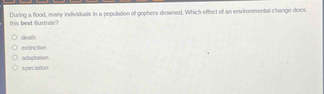 during a flood, many individuals in a population of gophers drowned. which effect of an environmental change does this best illustrate?\ndeath\nextinction\nadaptation\nspeciation