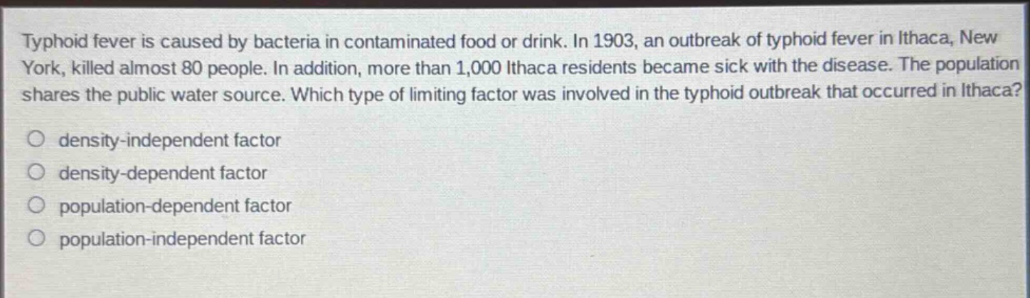 typhoid fever is caused by bacteria in contaminated food or drink. in 1903, an outbreak of typhoid fever in ithaca, new york, killed almost 80 people. in addition, more than 1,000 ithaca residents became sick with the disease. the population shares the public water source. which type of limiting factor was involved in the typhoid outbreak that occurred in ithaca?\n\ndensity - independent factor\ndensity - dependent factor\npopulation - dependent factor\npopulation - independent factor