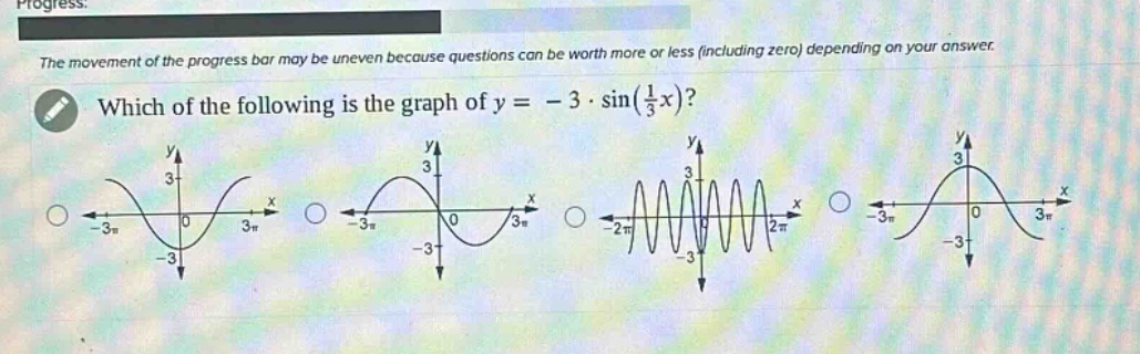 the movement of the progress bar may be uneven because questions can be worth more or less (including zero) depending on your answer. which of the following is the graph of $y=-3cdotsin(\frac{1}{3}x)$?