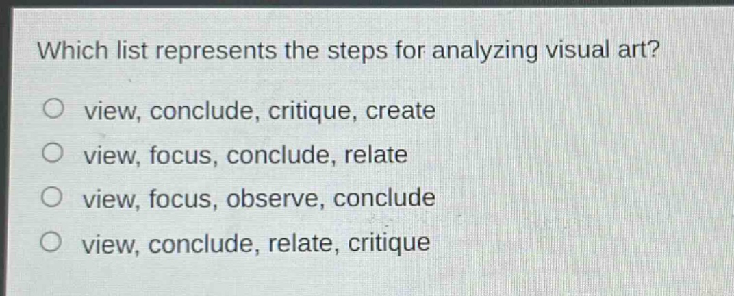 which list represents the steps for analyzing visual art?\no view, conclude, critique, create\no view, focus, conclude, relate\no view, focus, observe, conclude\no view, conclude, relate, critique