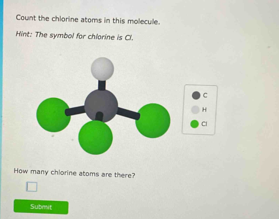 count the chlorine atoms in this molecule. hint: the symbol for chlorine is cl. how many chlorine atoms are there?