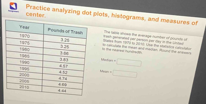 practice analyzing dot plots, histograms, and measures of center.\nthe table shows the average number of pounds of trash generated per person per day in the united states from 1970 to 2010. use the statistics calculator to calculate the mean and median. round the answers to the nearest hundredth.\nmedian = \nmean = \n|year|pounds of trash|\n|----|----|\n|1970|3.25|\n|1975|3.25|\n|1980|3.66|\n|1985|3.83|\n|1990|4.57|\n|1995|4.52|\n|2000|4.74|\n|2005|4.69|\n|2010|4.44|