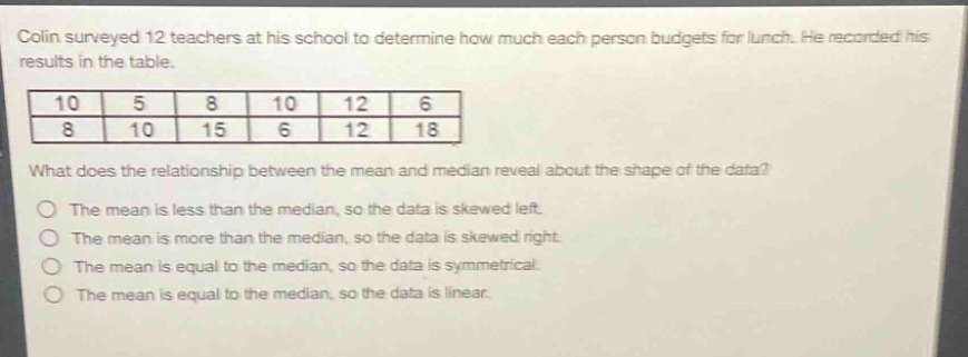 colin surveyed 12 teachers at his school to determine how much each person budgets for lunch. he recorded his results in the table.\n|10|5|8|10|12|6|\n|8|10|15|6|12|18|\nwhat does the relationship between the mean and median reveal about the shape of the data?\nthe mean is less than the median, so the data is skewed left.\nthe mean is more than the median, so the data is skewed right.\nthe mean is equal to the median, so the data is symmetrical.\nthe mean is equal to the median, so the data is linear.