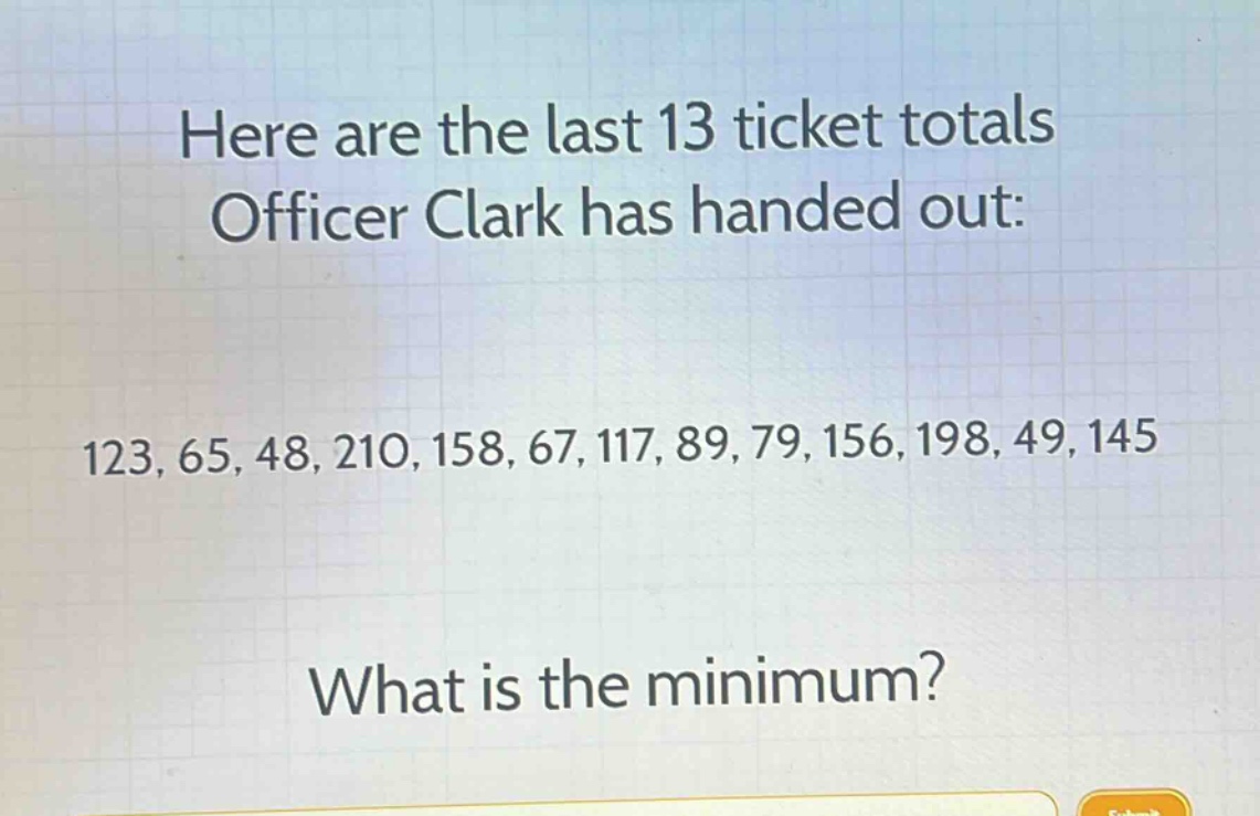 here are the last 13 ticket totals officer clark has handed out: 123, 65, 48, 210, 158, 67, 117, 89, 79, 156, 198, 49, 145 what is the minimum?