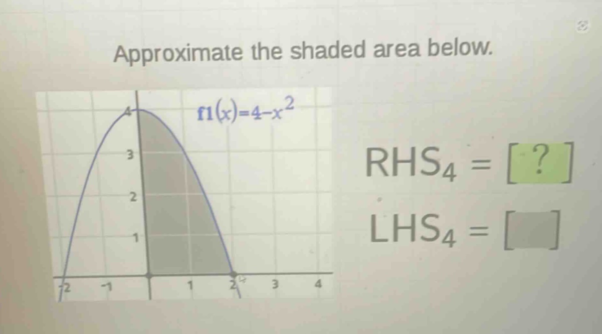 approximate the shaded area below. f1(x)=4 - x^2 rhs4 = ? lhs4 =