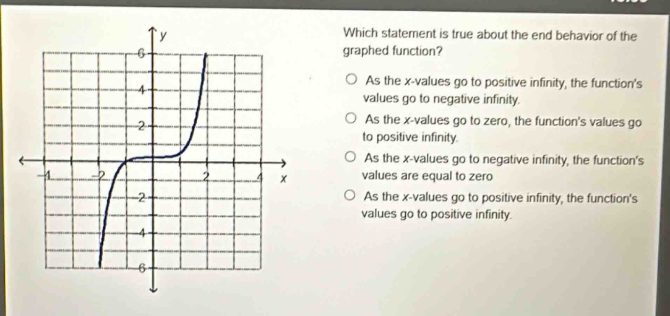 which statement is true about the end - behavior of the graphed function?\nas the x - values go to positive infinity, the functions values go to negative infinity.\nas the x - values go to zero, the functions values go to positive infinity.\nas the x - values go to negative infinity, the functions values are equal to zero\nas the x - values go to positive infinity, the functions values go to positive infinity.