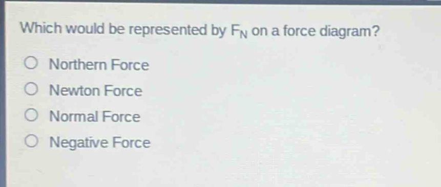 which would be represented by $f_n$ on a force diagram?\no northern force\no newton force\no normal force\no negative force