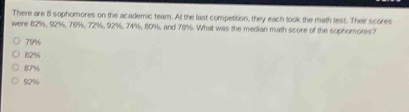 there are 8 sophomores on the academic team. at the last competition, they each took the math test. their scores were 82%, 92%, 76%, 72%, 92%, 74%, 80%, and 78%. what was the median math score of the sophomores?\n79%\n82%\n87%\n92%