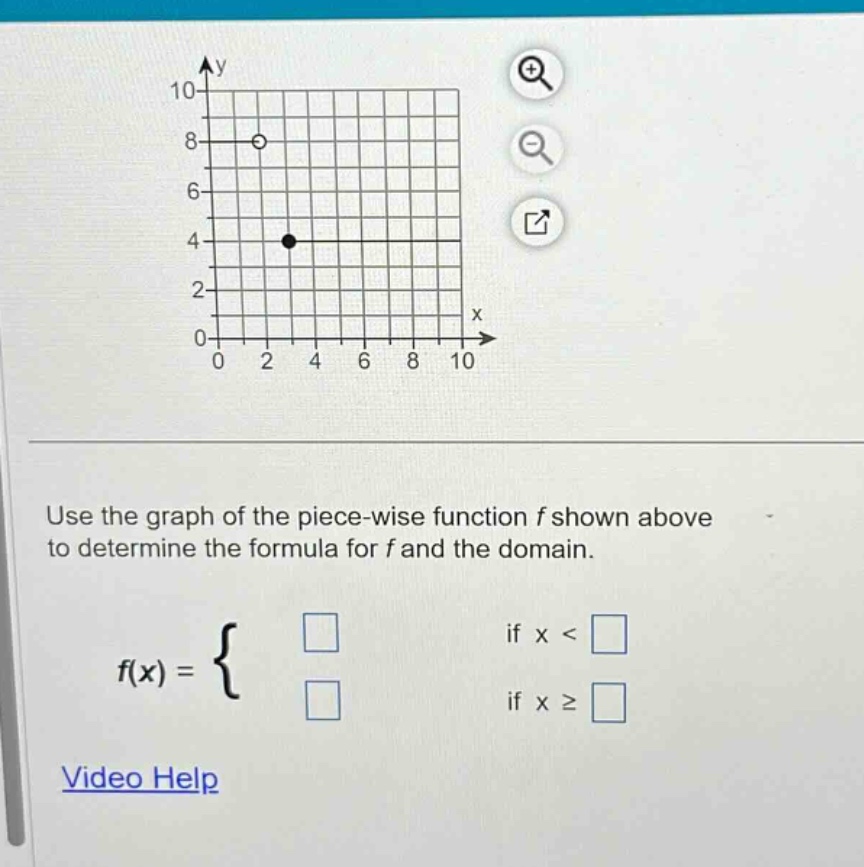 use the graph of the piece - wise function f shown above to determine the formula for f and the domain.\n f(x)=\begin{cases}square&\text{if }x < square\\square&\text{if }xgeqsquareend{cases}\nvideo help