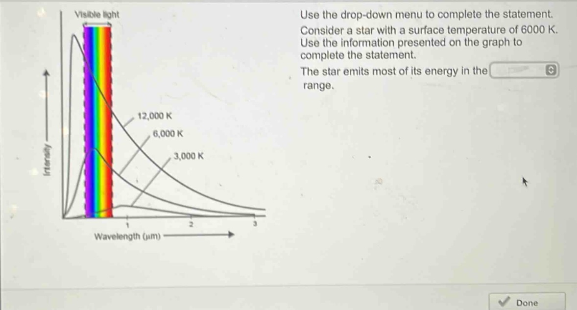 use the drop - down menu to complete the statement. consider a star with a surface temperature of 6000 k. use the information presented on the graph to complete the statement. the star emits most of its energy in the range.