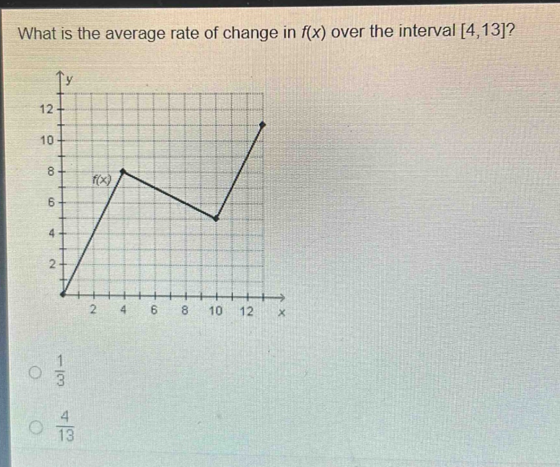 what is the average rate of change in f(x) over the interval 4,13?\n1/3\n4/13