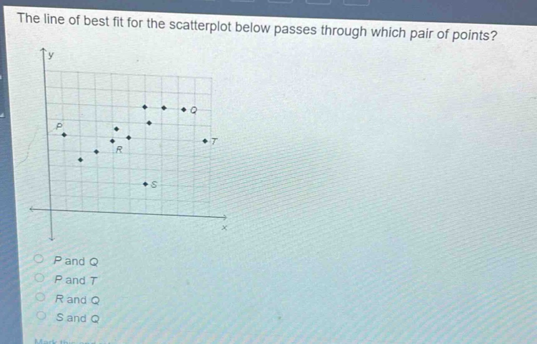 the line of best fit for the scatterplot below passes through which pair of points?\np and q\np and t\nr and q\ns and q