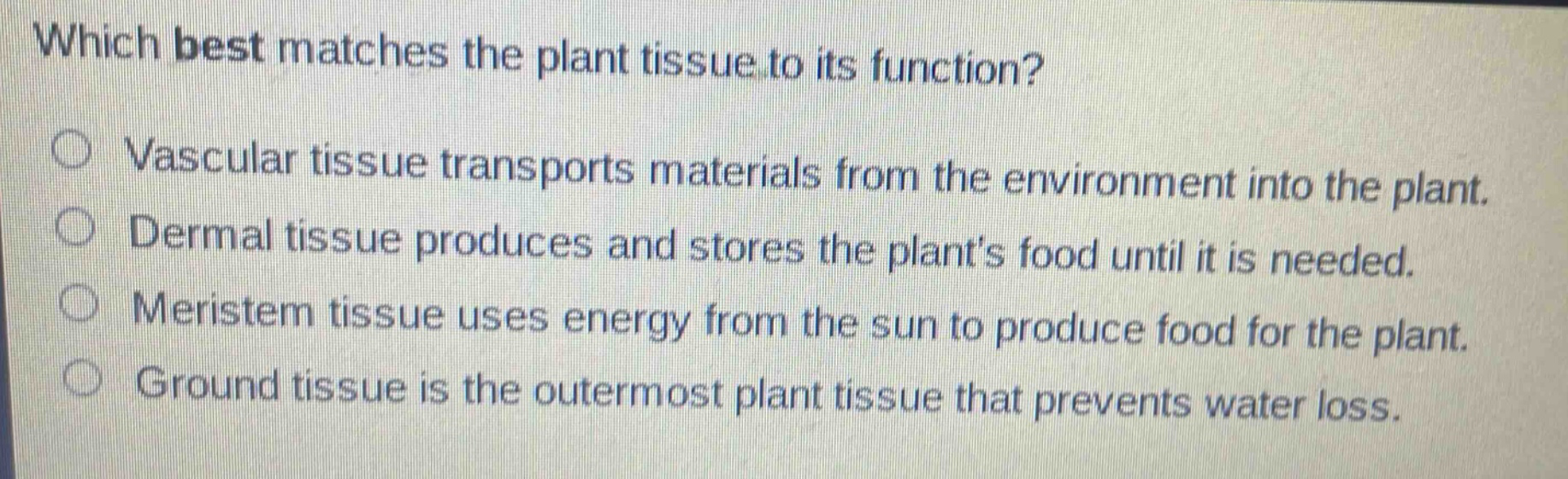 which best matches the plant tissue to its function?\nvascular tissue transports materials from the environment into the plant.\ndermal tissue produces and stores the plants food until it is needed.\nmeristem tissue uses energy from the sun to produce food for the plant.\nground tissue is the outermost plant tissue that prevents water loss.