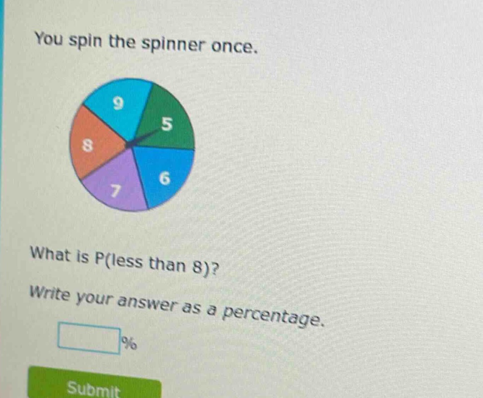you spin the spinner once. what is p(less than 8)? write your answer as a percentage.