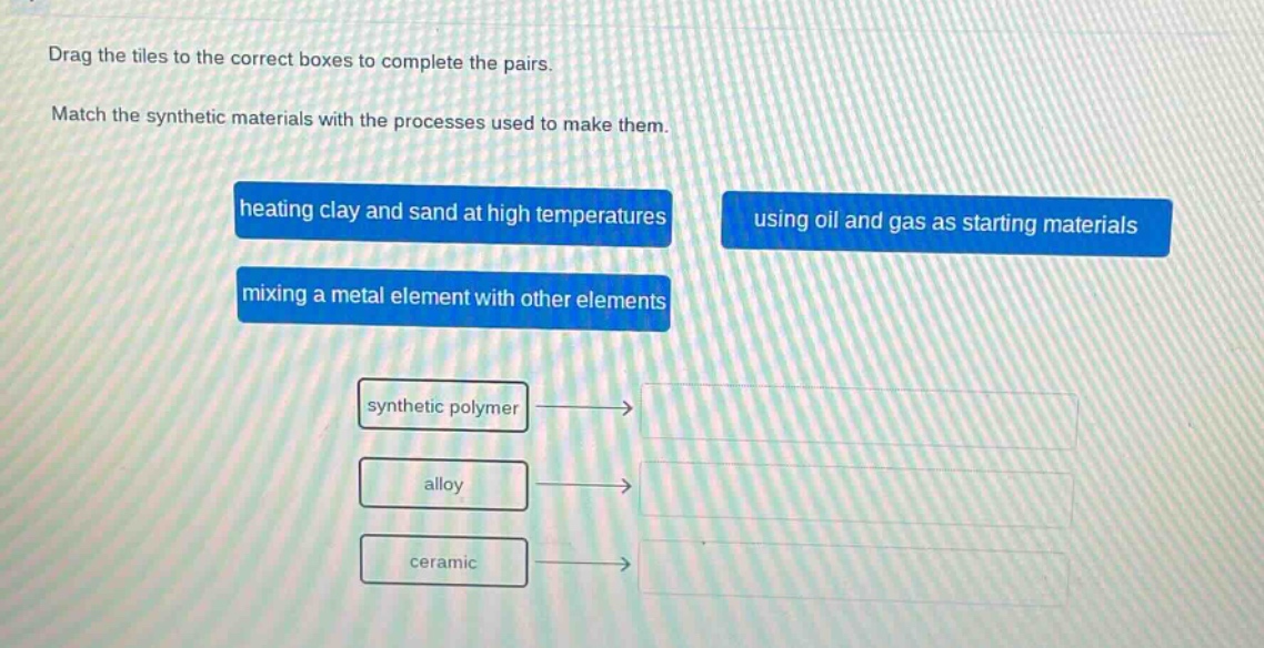drag the tiles to the correct boxes to complete the pairs. match the synthetic materials with the processes used to make them. heating clay and sand at high temperatures using oil and gas as starting materials mixing a metal element with other elements synthetic polymer alloy ceramic