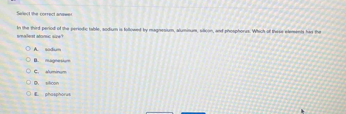select the correct answer.\nin the third period of the periodic table, sodium is followed by magnesium, aluminum, silicon, and phosphorus. which of these elements has the smallest atomic size?\na. sodium\nb. magnesium\nc. aluminum\nd. silicon\ne. phosphorus