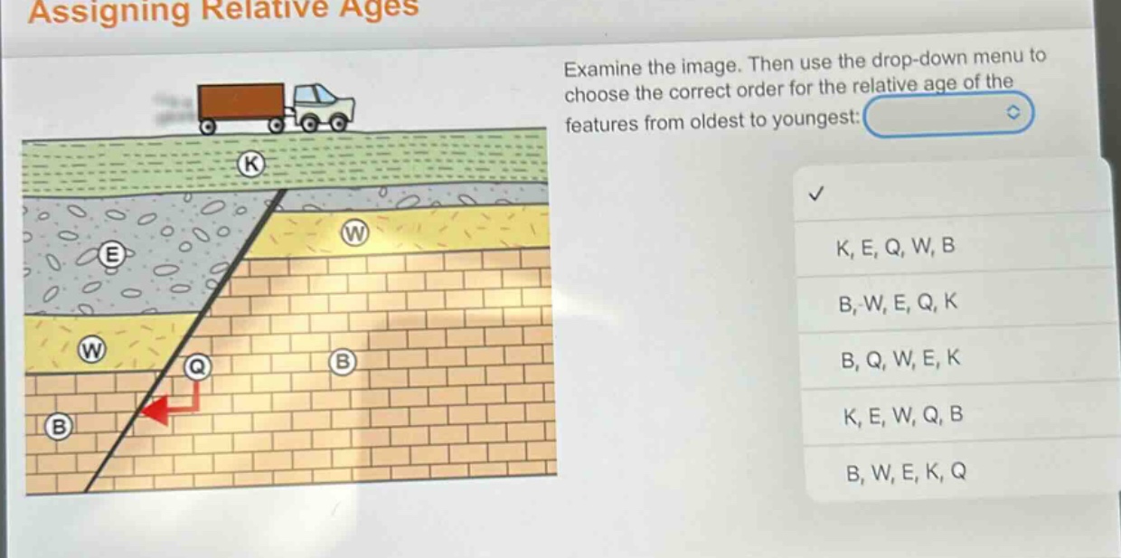 assigning relative ages examine the image. then use the drop - down menu to choose the correct order for the relative age of the features from oldest to youngest: