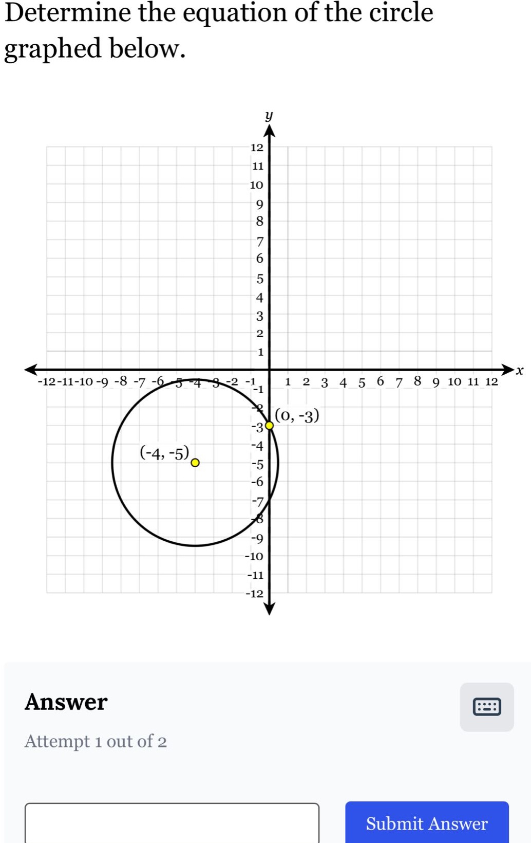 determine the equation of the circle graphed below.\nanswer\nattempt 1 out of 2\nsubmit answer