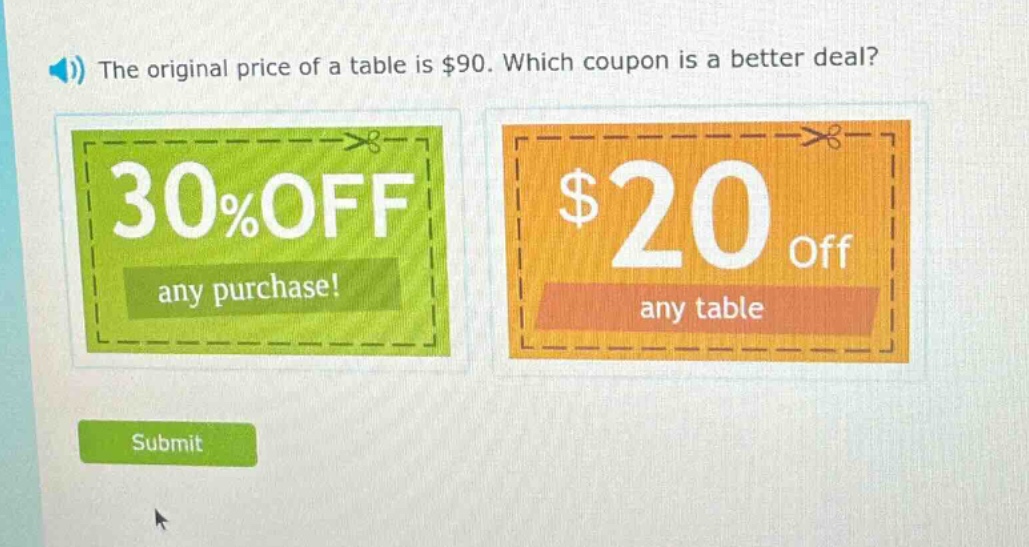 the original price of a table is $90. which coupon is a better deal? 30% off any purchase! $20 off any table