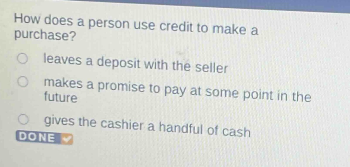 how does a person use credit to make a purchase?\nleaves a deposit with the seller\nmakes a promise to pay at some point in the future\ngives the cashier a handful of cash