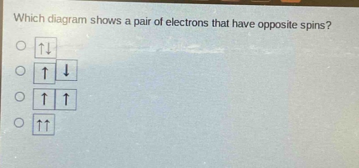 which diagram shows a pair of electrons that have opposite spins?\n○ ↿⇂\n○ ↿ ⇂\n○ ↿ ↿\n○ ⇂⇂