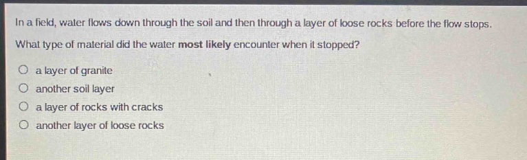 in a field, water flows down through the soil and then through a layer of loose rocks before the flow stops. what type of material did the water most likely encounter when it stopped?\no a layer of granite\no another soil layer\no a layer of rocks with cracks\no another layer of loose rocks