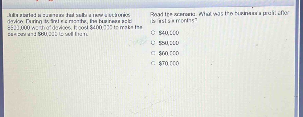 julia started a business that sells a new electronics device. during its first six months, the business sold $500,000 worth of devices. it cost $400,000 to make the devices and $60,000 to sell them. read the scenario. what was the businesss profit after its first six months? $40,000 $50,000 $60,000 $70,000