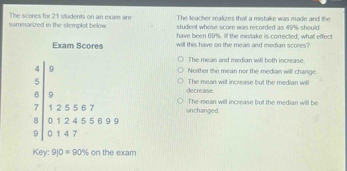 the scores for 21 students on an exam are summarized in the stemplot below. exam scores 4|9 5 6|9 7|1 2 5 5 6 7 8|0 1 2 4 5 5 6 9 9 9|0 1 4 7 key: 9|0 = 90% on the exam the teacher realizes that a mistake was made and the student whose score was recorded as 49% should have been 69%. if the mistake is corrected, what effect will this have on the mean and median scores? the mean and median will both increase. neither the mean nor the median will change. the mean will increase but the median will decrease. the mean will increase but the median will be unchanged.