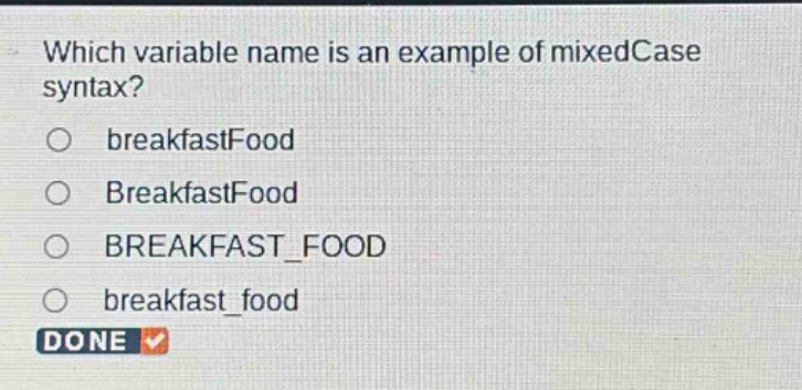 which variable name is an example of mixedcase syntax?\nbreakfastfood\nbreakfastfood\nbreakfast_food\nbreakfast_food
