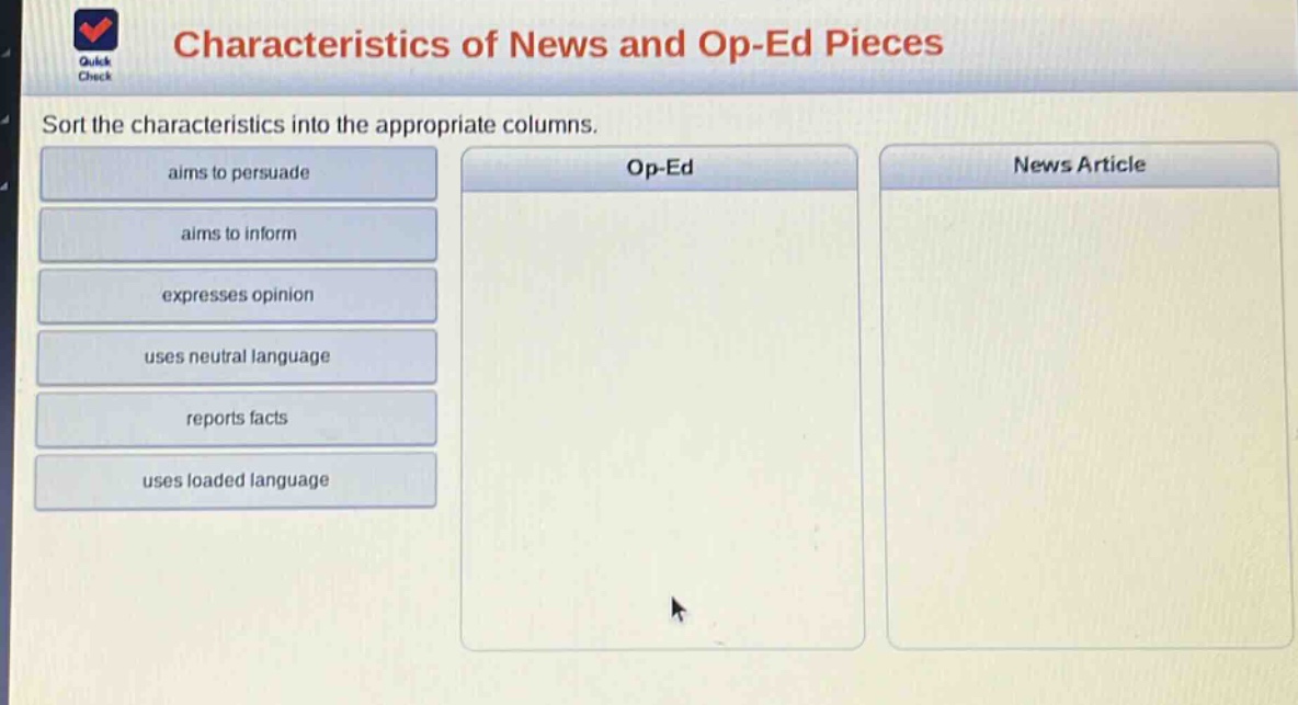 characteristics of news and op - ed pieces\nsort the characteristics into the appropriate columns.\naims to persuade\naims to inform\nexpresses opinion\nuses neutral language\nreports facts\nuses loaded language