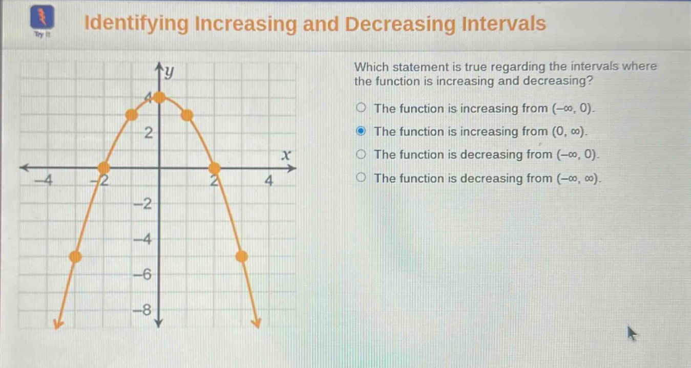 identifying increasing and decreasing intervals\nwhich statement is true regarding the intervals where the function is increasing and decreasing?\nthe function is increasing from (-∞, 0).\nthe function is increasing from (0, ∞).\nthe function is decreasing from (-∞, 0).\nthe function is decreasing from (-∞, ∞).