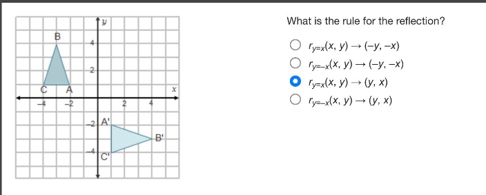 what is the rule for the reflection?\n$r_{y = x}(x,y)\to(-y,-x)$\n$r_{y=-x}(x,y)\to(-y,-x)$\n$r_{y = x}(x,y)\to(y,x)$\n$r_{y=-x}(x,y)\to(y,x)$