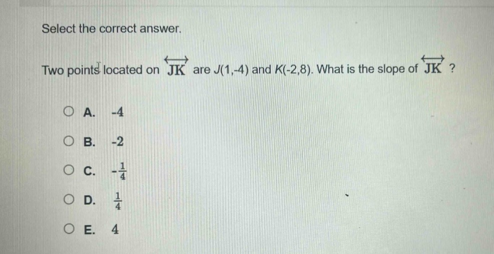 select the correct answer. two points located on $overleftrightarrow{jk}$ are $j(1, - 4)$ and $k(-2,8)$. what is the slope of $overleftrightarrow{jk}$?\na. -4\nb. -2\nc. $-\frac{1}{4}$\nd. $\frac{1}{4}$\ne. 4