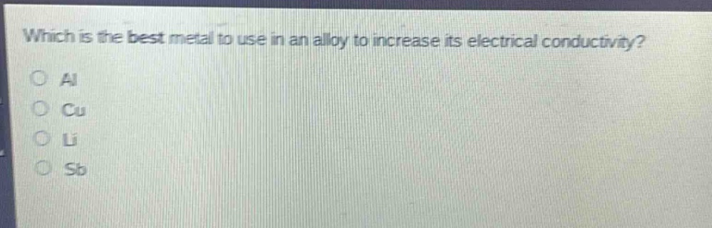 which is the best metal to use in an alloy to increase its electrical conductivity?\no al\no cu\no li\no sb