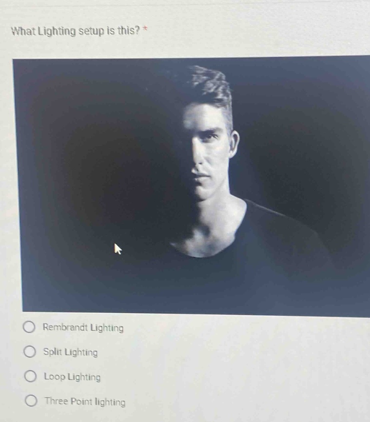 what lighting setup is this? *\nrembrandt lighting\nsplit lighting\nloop lighting\nthree point lighting