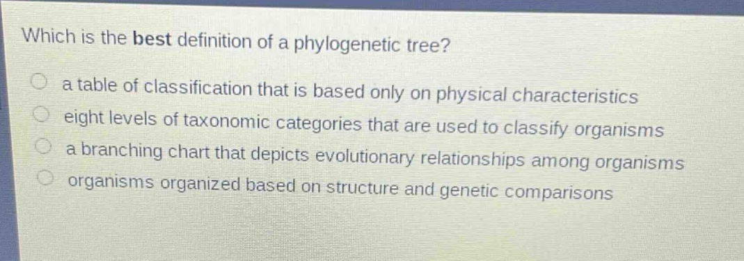 which is the best definition of a phylogenetic tree?\n a table of classification that is based only on physical characteristics\n eight levels of taxonomic categories that are used to classify organisms\n a branching chart that depicts evolutionary relationships among organisms\n organisms organized based on structure and genetic comparisons