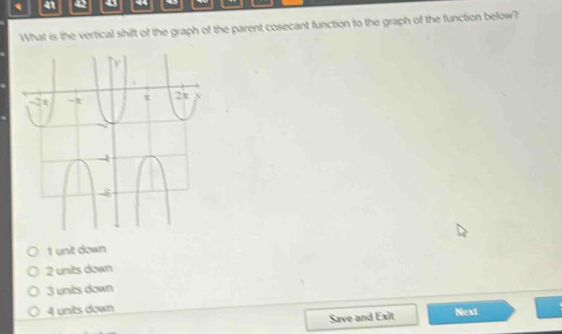 what is the vertical shift of the graph of the parent cosecant function to the graph of the function below?\n1 unit down\n2 units down\n3 units down\n4 units down